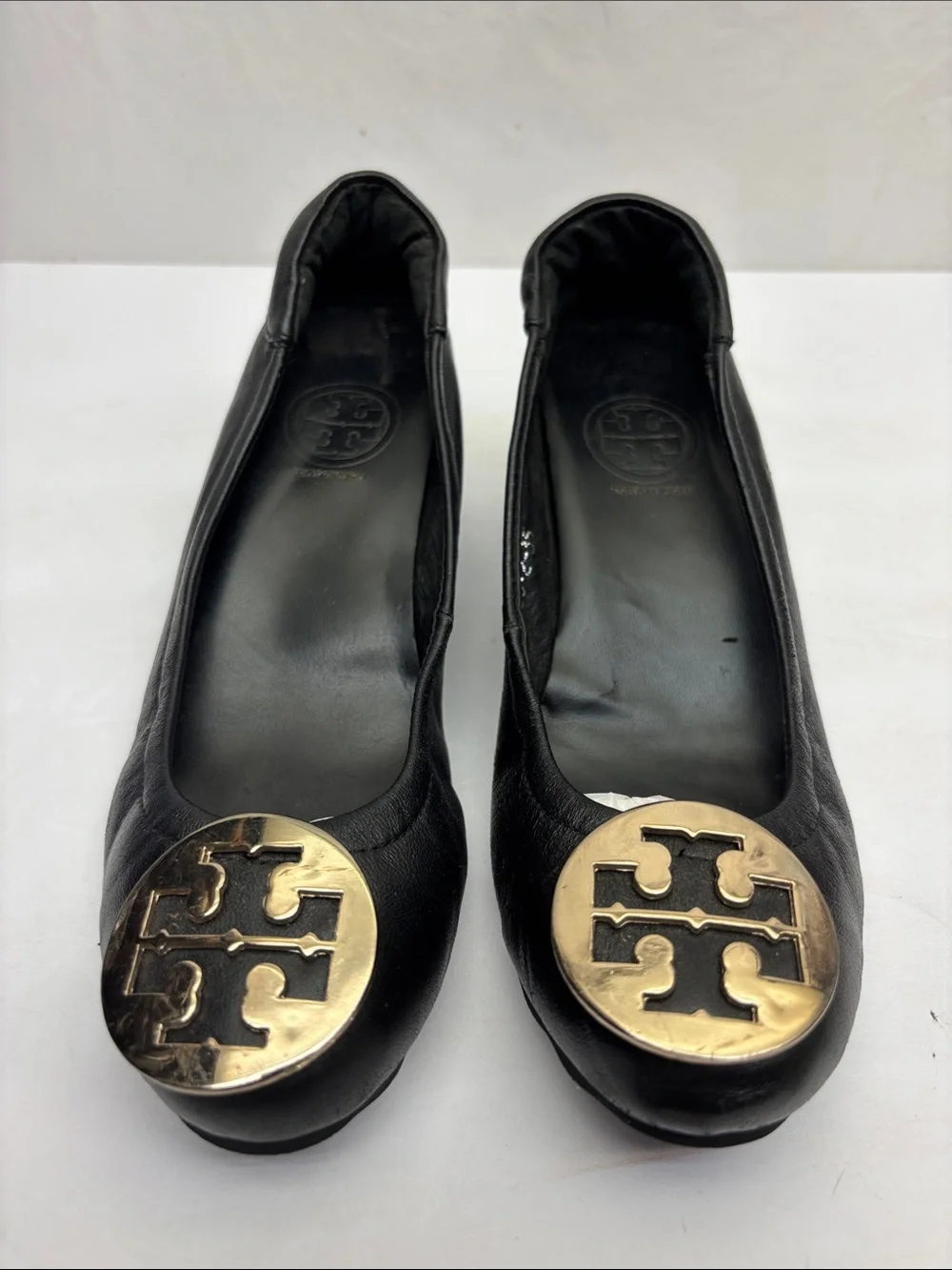 Tory Burch Black Leather Wedge Ballet Flats with Gold Logo, SZ 35 (5), box 56